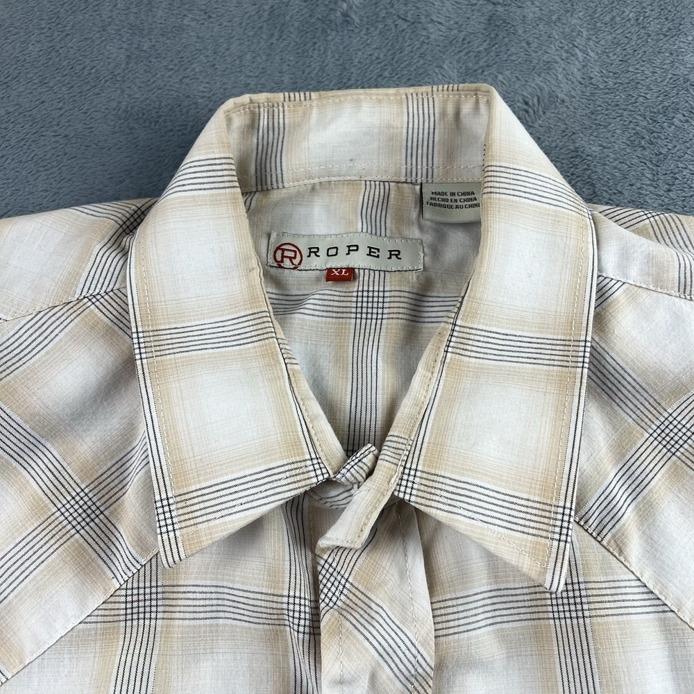 Roper Men's XL Western Pearl‎ Snap Beige Plaid Long Sleeve Shirt Silver Threads - Picture 4 of 10